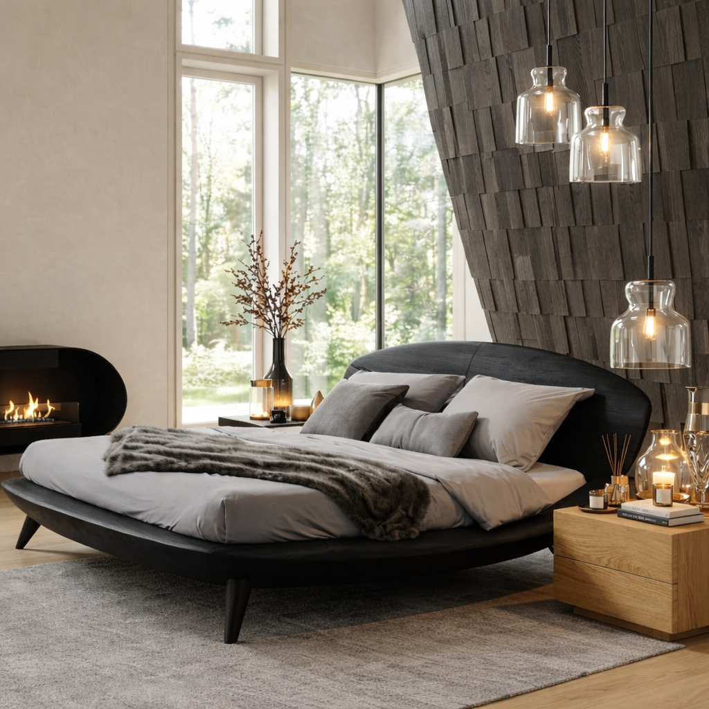 Modern Curved Platform Bed Frame, Minimalist Luxury Bedroom Furniture Decor Set