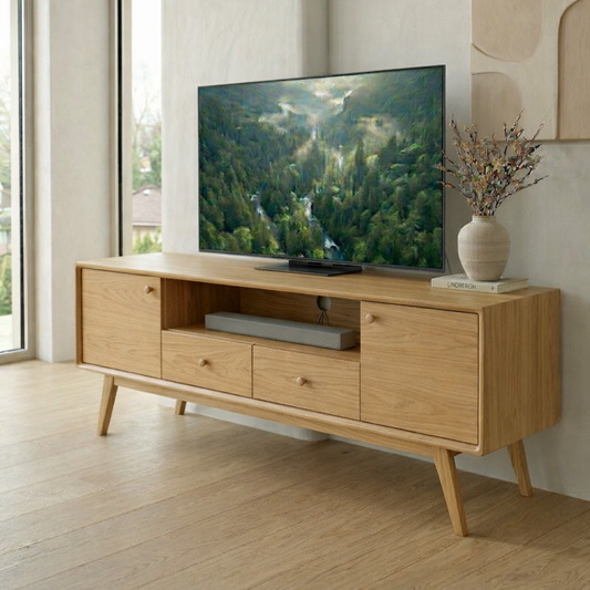 Mid Century Solid Wood Media Console – Modern TV Stand with Drawers & Storage