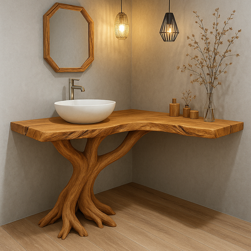 Handcrafted Solid Wood Bathroom Vanity – Sculptural Tree Root Base with Natural Live Edge Kitchnce