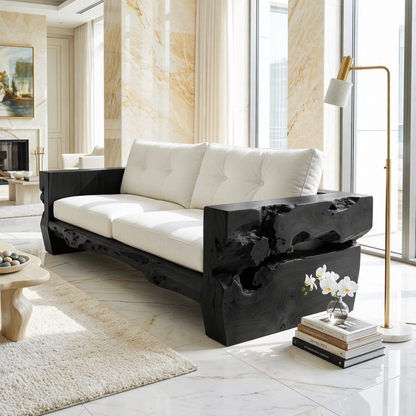 Contemporary Organic Wooden Sofa, Sculptural Luxury Lounge Couch with White Cushions