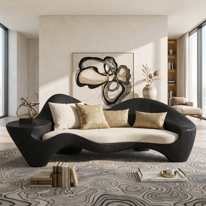 Modern Sculptural Curved Sofa with Side Table, Statement Living Room Furniture