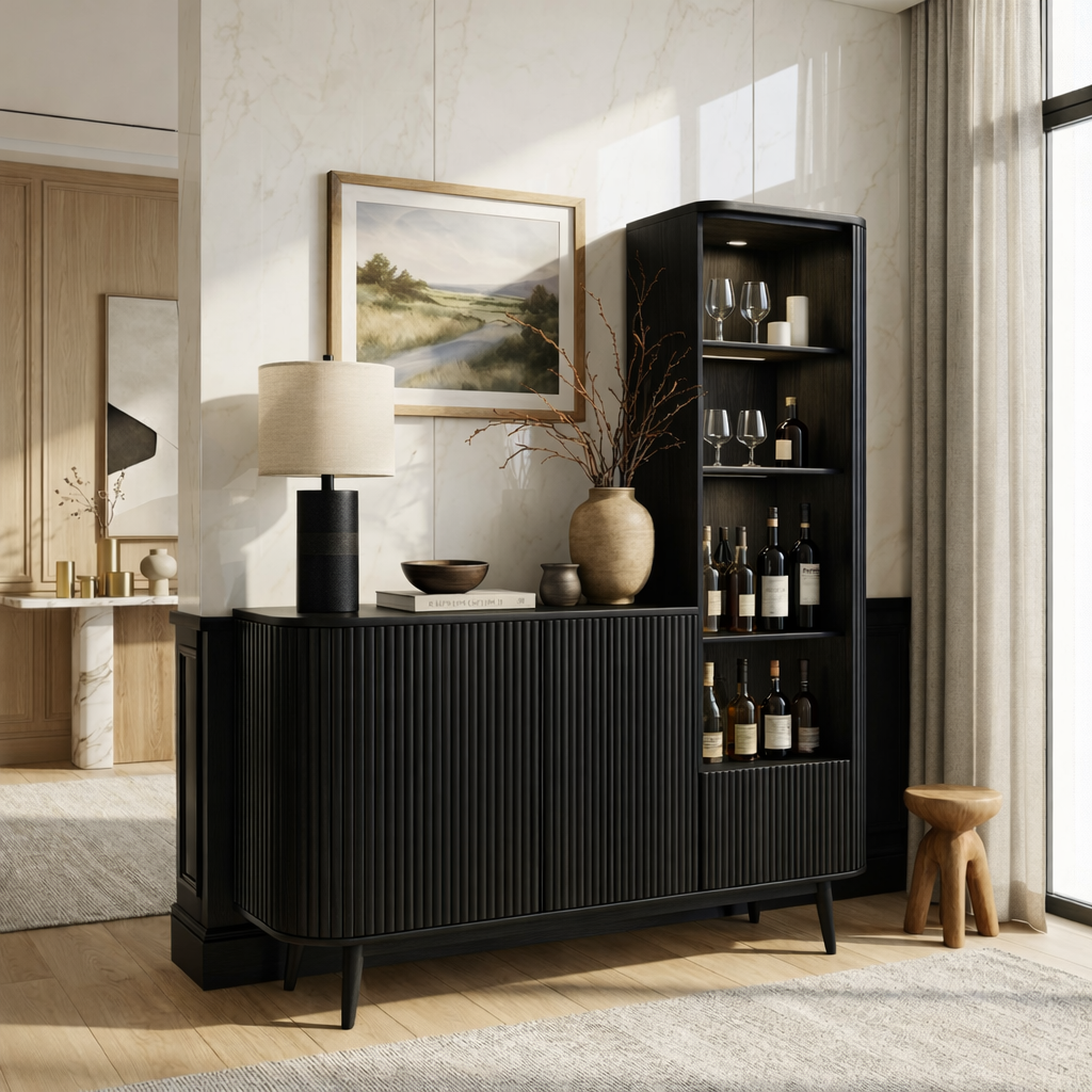 Contemporary Wooden Bar Cabinet, Fluted Sideboard with Tall Bottle Display Storage