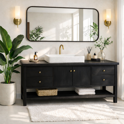 Rustic Bathroom Vanity with Open Shelves and Elegant Brass Faucet Kitchnce