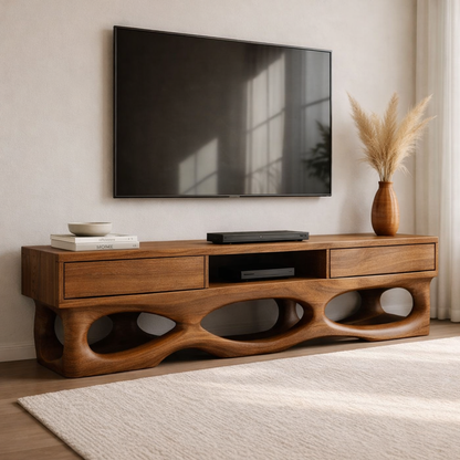 Solid Wood TV Cabinet with Sculptural Base and Storage Drawers