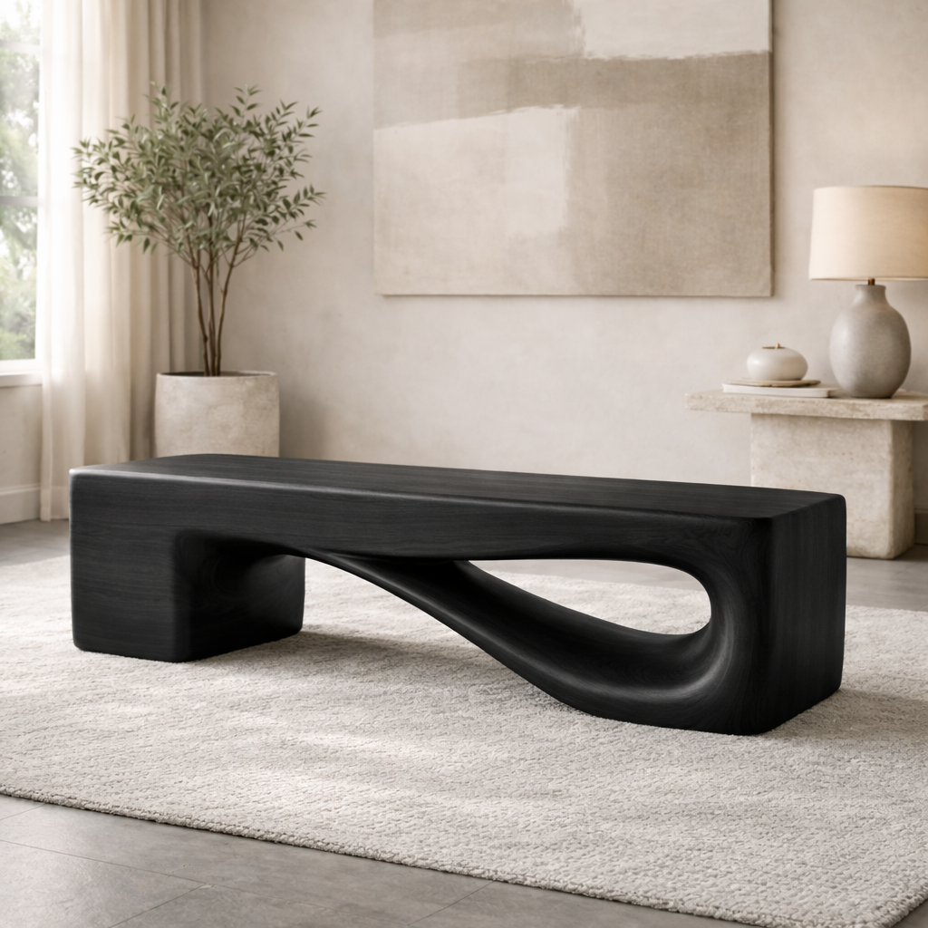 Modern Sculptural Wooden Entryway Bench, Curved Hallway Seating for Luxury Homes