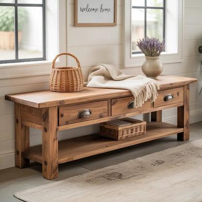 Handcrafted Solid Wood Bench – Rustic Entryway Bench with 3 Drawers & Shelf Kitchnce