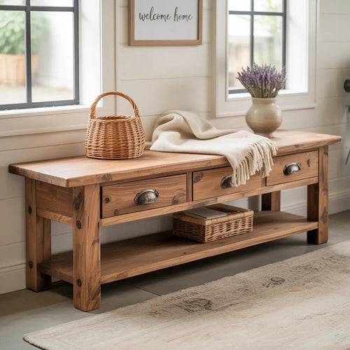 Handcrafted Solid Wood Bench – Rustic Entryway Bench with 3 Drawers & Shelf Kitchnce