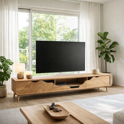 Solid Wood TV Console with Curved Design & Storage – Modern Media Unit