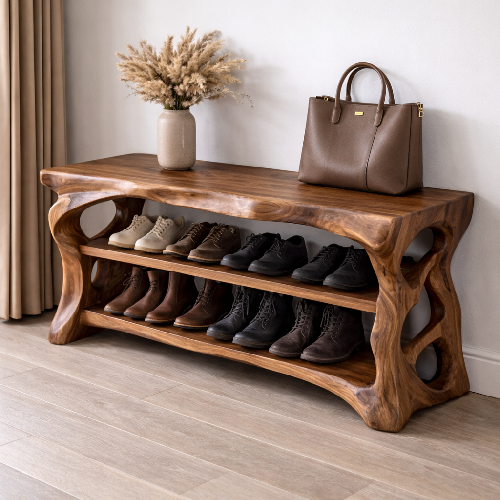 Solid Wood Entryway Bench with Shoe Storage Shelf – Rustic Natural Wood Shoe Rack Kitchnce
