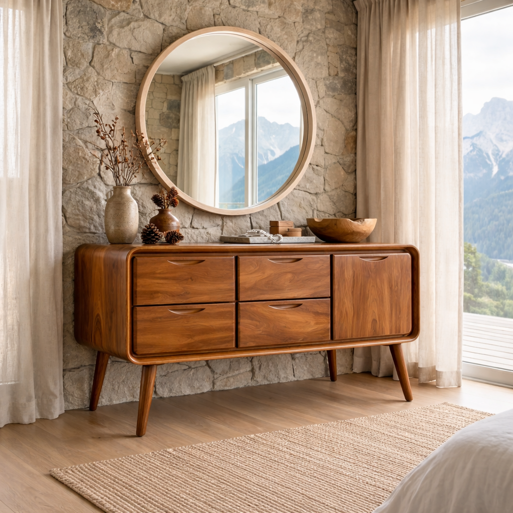 Solid Wood Makeup Vanity with 4 Drawers | Mid-Century Modern Design for Bedroom