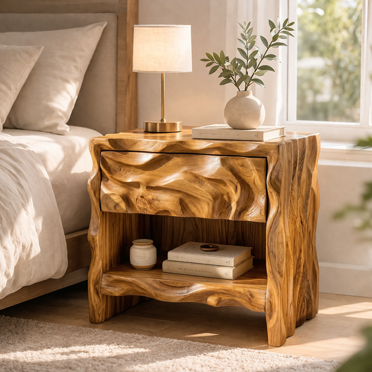 Solid Wood Nightstand with Sculptural Base – Modern Organic Bedside Table