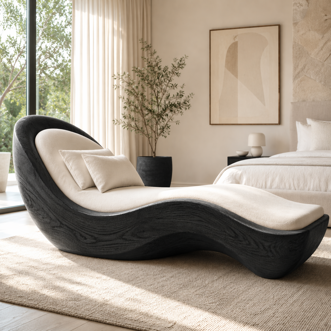 Luxury Curved Chaise Lounge Sculptural Daybed with Cushion for Bedroom Decor