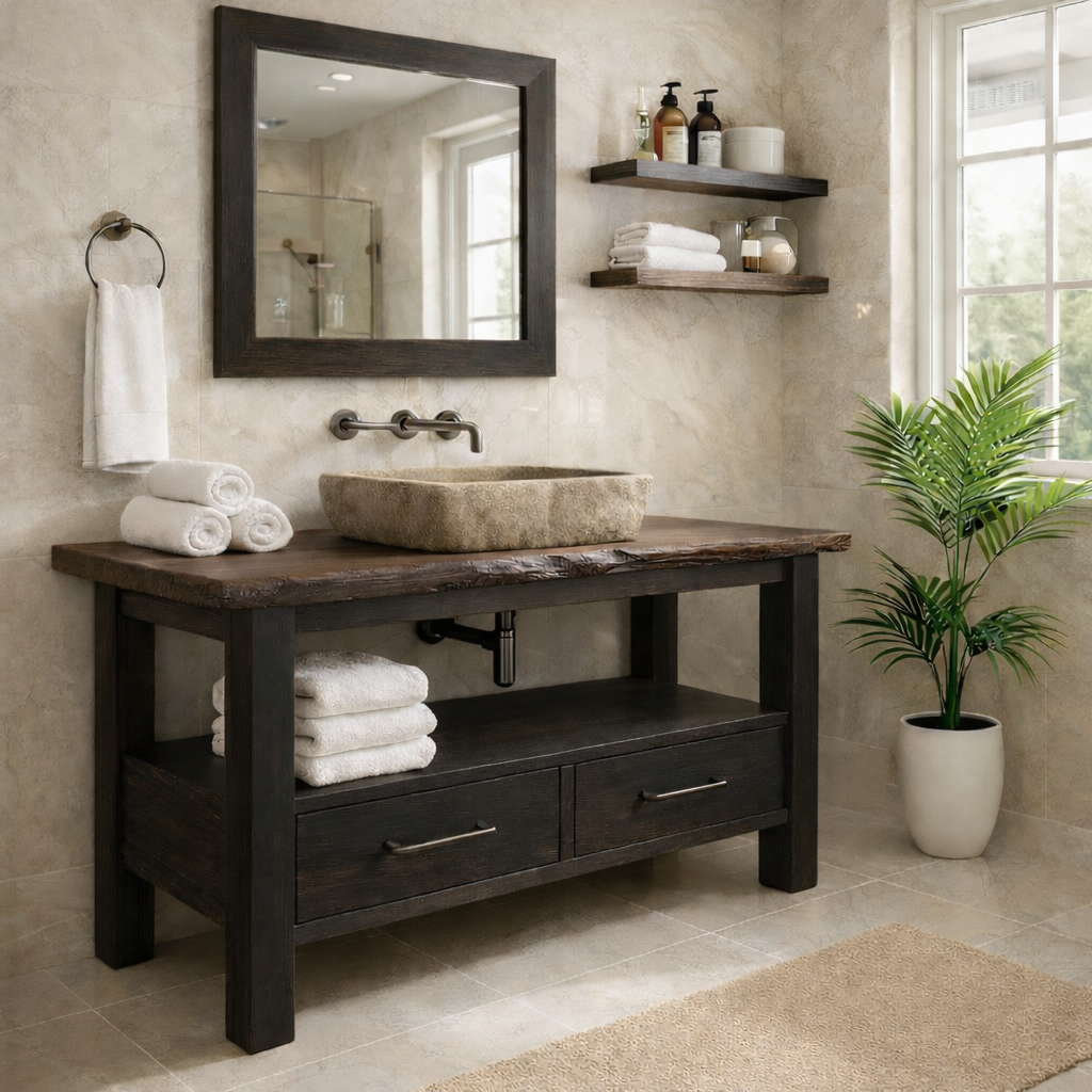 Rustic Solid Wood Bathroom Vanity Cabinet With Drawers And Storage Shelf Kitchnce