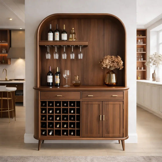 Solid Wood Bar Cabinet with Wine Rack and Curved Open Shelf Storage Kitchnce