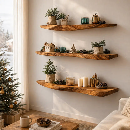 Solid Wood Floating Wall Shelf Live Edge Rustic Wall Mounted Display Shelf Kitchnce