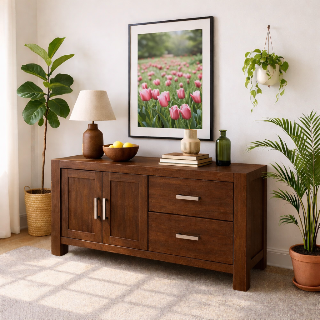 Solid Wood Console Table, Modern Wood Buffet Console with Doors and Drawers Storage Kitchnce