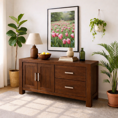 Solid Wood Console Table, Modern Wood Buffet Console with Doors and Drawers Storage Kitchnce