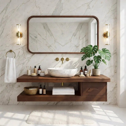 Floating Vanity with Natural Wood and Marble Sink, Modern Bathroom Design Kitchnce