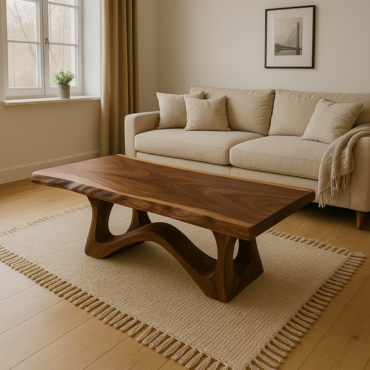 Modern Wooden Coffee Table with Curved Base – Solid Wood Living Room Center Table Kitchnce