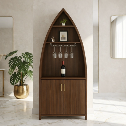Modern Boat Shaped Bar Cabinet with Glass Rack and Concealed Storage