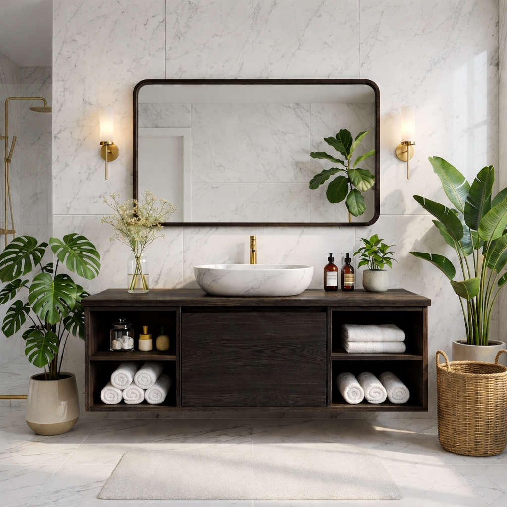 Floating Oak Vanity with Open Shelves and Minimalist Design, Modern Bathroom Furniture Kitchnce