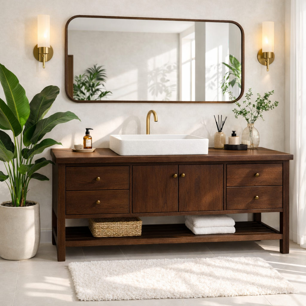 Rustic Bathroom Vanity with Open Shelves and Elegant Brass Faucet Kitchnce