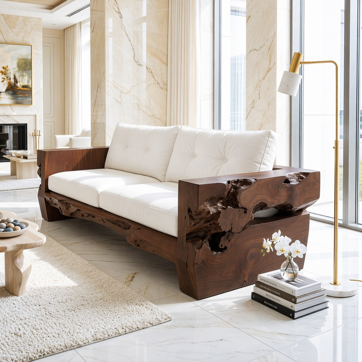 Contemporary Organic Wooden Sofa, Sculptural Luxury Lounge Couch with White Cushions