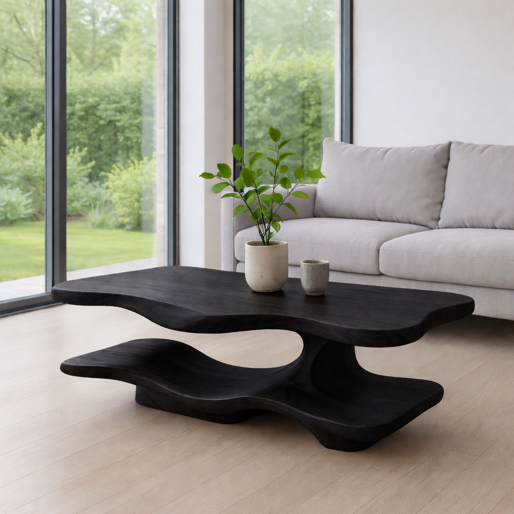 Solid Wood Coffee Table with Sculptural Curved Base and Organic Shape for Living Room Kitchnce