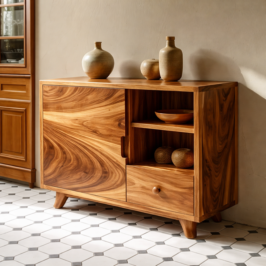 Solid Wood Console Cabinet - Mid-Century Modern with Open Shelving and Drawers