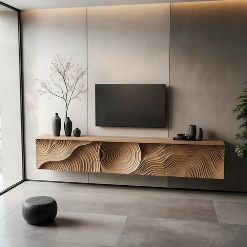 Solid Wood Floating TV Stand Modern Wall Mounted Media Console with Carved Front