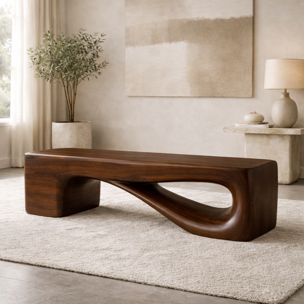 Modern Sculptural Wooden Entryway Bench, Curved Hallway Seating for Luxury Homes
