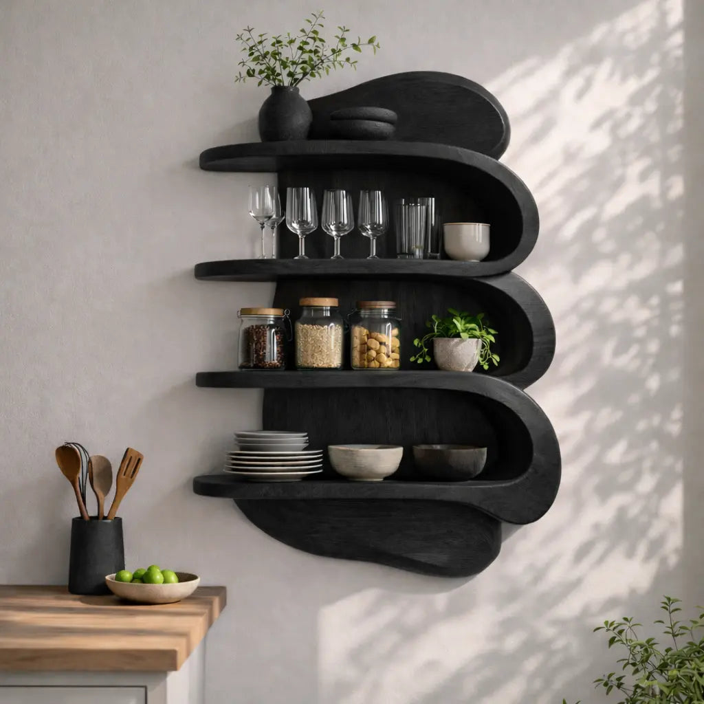 Curved Solid Wood Kitchen Cabinet Shelf – Floating Wall Storage with Organic Design Kitchnce