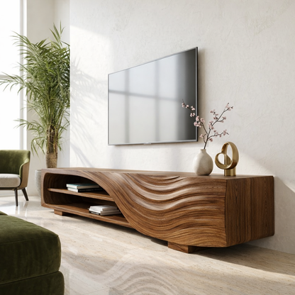 Solid Wood TV Stand with Curved Wave Design, Modern Media Console Cabinet