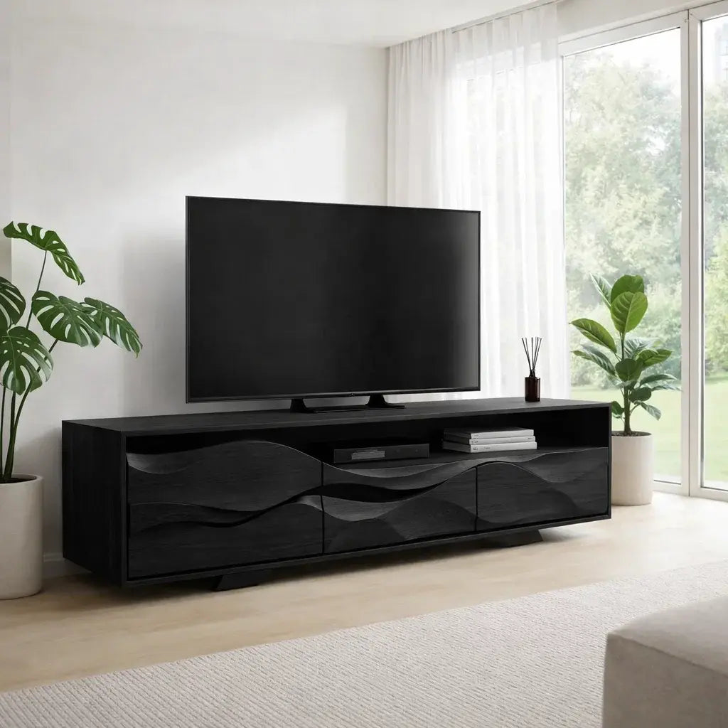 Solid Wood TV Cabinet with Wave Design – Modern Walnut Media Console Kitchnce