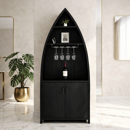 Modern Boat Shaped Bar Cabinet with Glass Rack and Concealed Storage