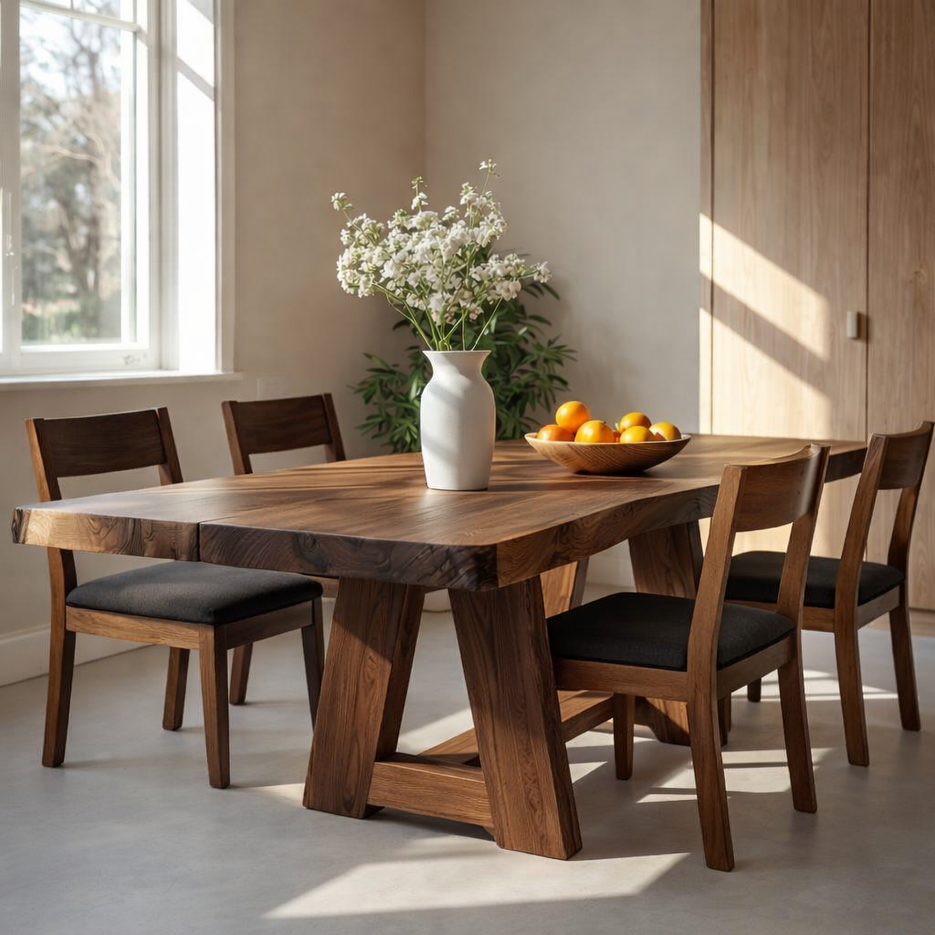 Handcrafted Live Edge Solid Wood Dining Table – Natural Slab Kitchen Table with Modern Base