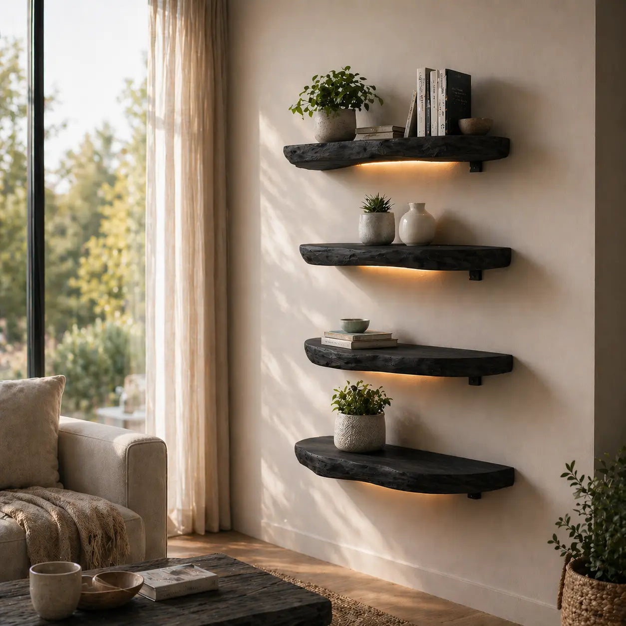 Solid Wood Floating Wall Shelf Rustic Live Edge Wall Mounted Shelf for Decor Kitchnce