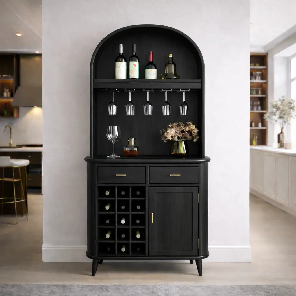 Solid Wood Arched Bar Cabinet with Wine Rack and Hanging Glass Holder Kitchnce