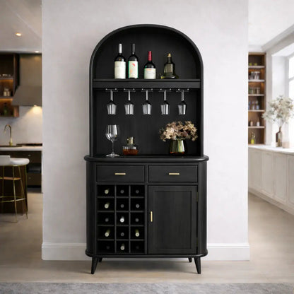 Solid Wood Arched Bar Cabinet with Wine Rack and Hanging Glass Holder Kitchnce