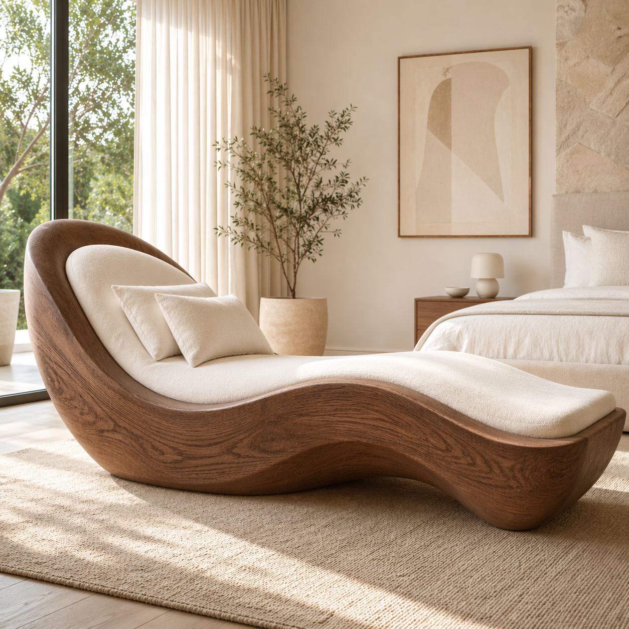 Luxury Curved Chaise Lounge Sculptural Daybed with Cushion for Bedroom Decor