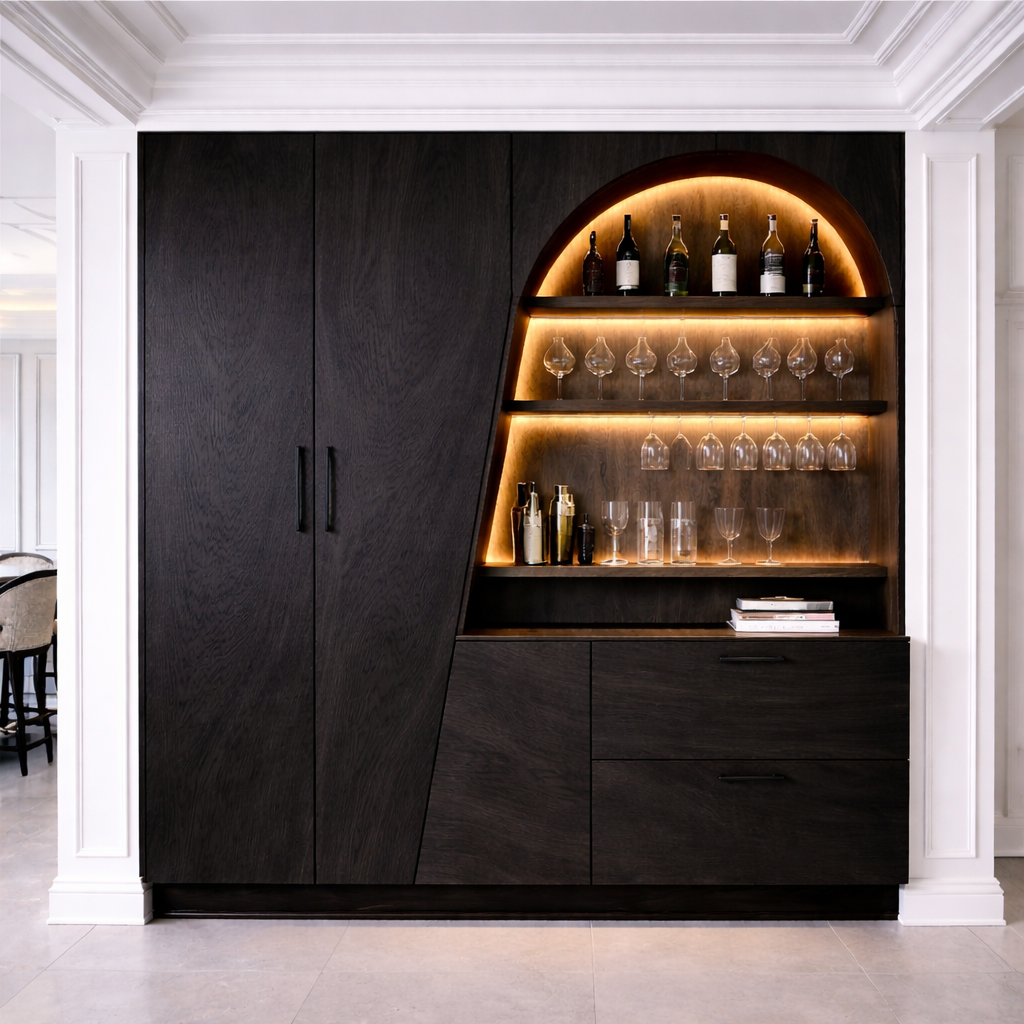 Luxury Solid Wood Bar Cabinet with LED Display Shelves & Storage – Modern Home Bar Unit