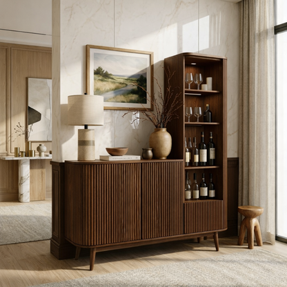 Contemporary Wooden Bar Cabinet, Fluted Sideboard with Tall Bottle Display Storage
