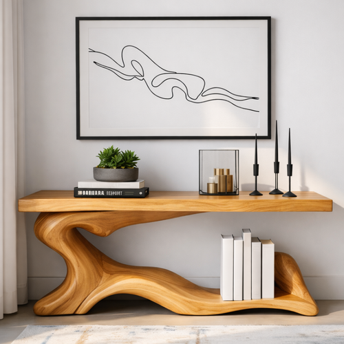Handcrafted Solid Wood Console Table with Sculptural Organic Base and Modern Minimalist Design