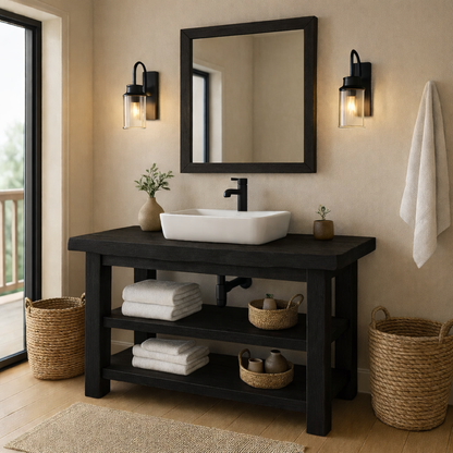 Rustic Solid Wood Bathroom Vanity with Vessel Sink and Open Storage Kitchnce