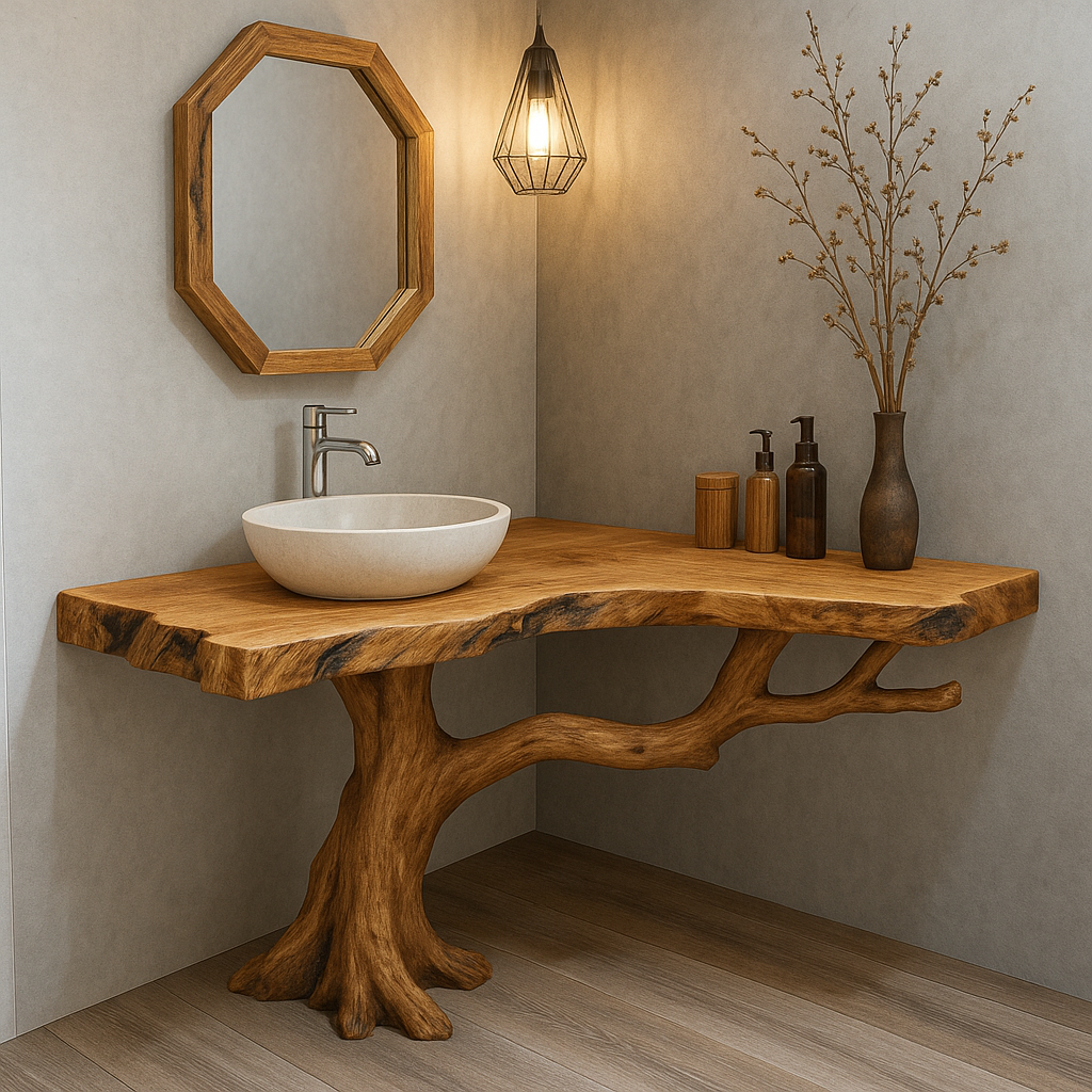 Handcrafted Solid Wood Bathroom Vanity – Organic Tree Branch Base with Live Edge Top Kitchnce