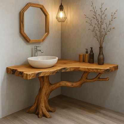 Handcrafted Solid Wood Bathroom Vanity – Organic Tree Branch Base with Live Edge Top Kitchnce