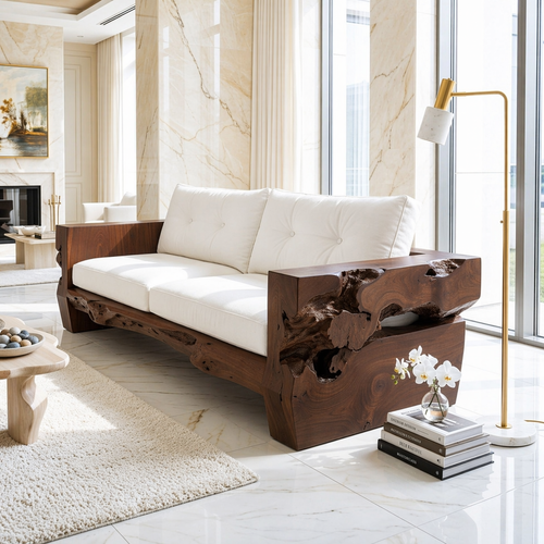 Contemporary Organic Wooden Sofa, Sculptural Luxury Lounge Couch with White Cushions