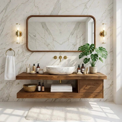 Floating Vanity with Natural Wood and Marble Sink, Modern Bathroom Design Kitchnce