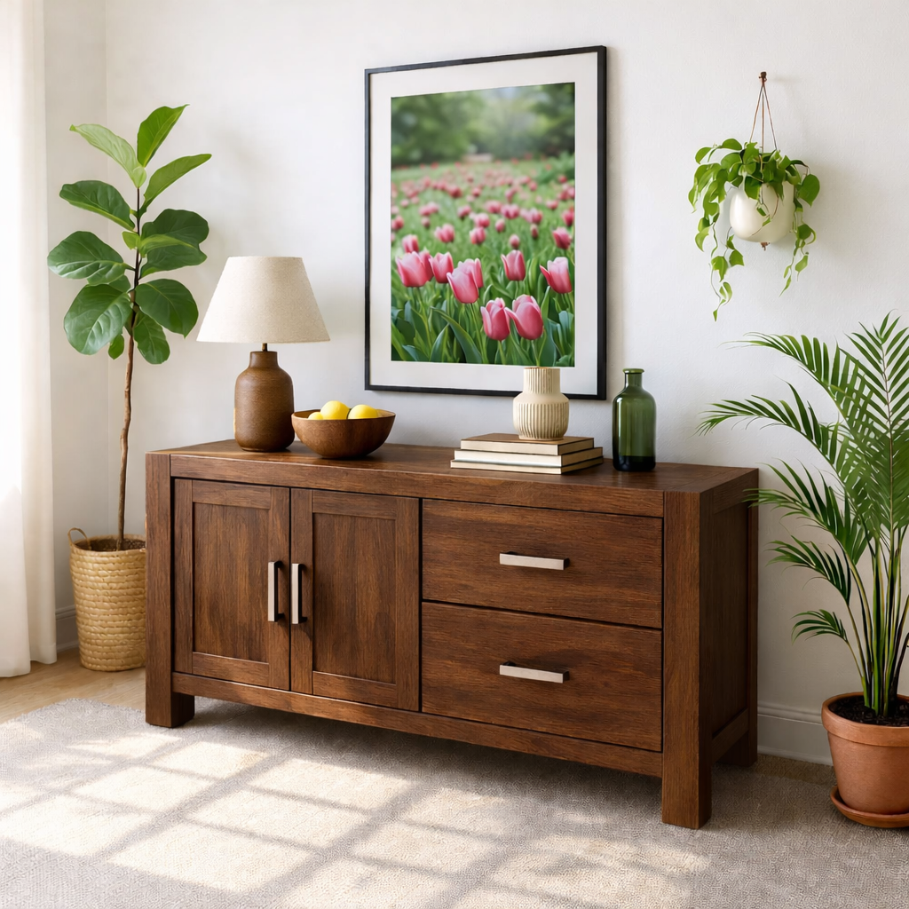 Solid Wood Console Table, Modern Wood Buffet Console with Doors and Drawers Storage Kitchnce