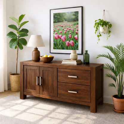 Solid Wood Console Table, Modern Wood Buffet Console with Doors and Drawers Storage Kitchnce